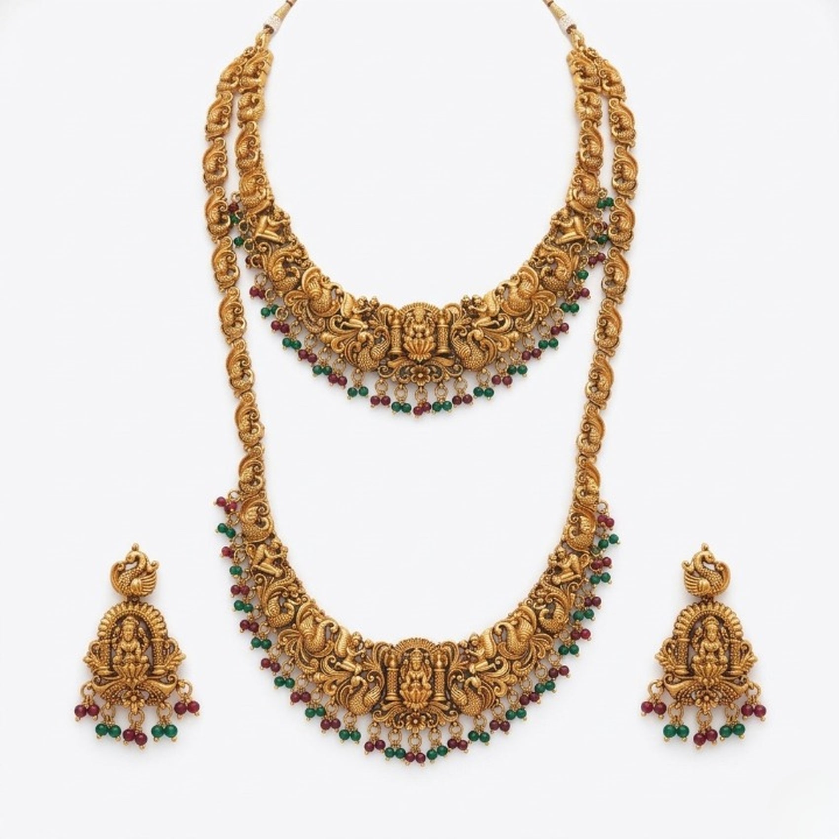 Jewel City Handcrafted Traditional Gold-Plated Temple Jewelry Set | Ethnic Bridal Lakshmi Necklace & Earrings for Women