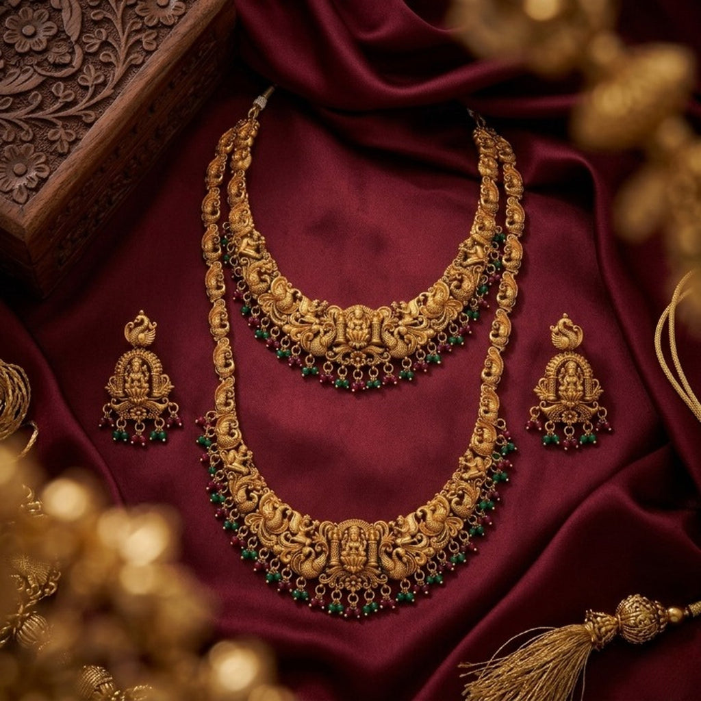 Jewel City Handcrafted Traditional Gold-Plated Temple Jewelry Set | Ethnic Bridal Lakshmi Necklace & Earrings for Women