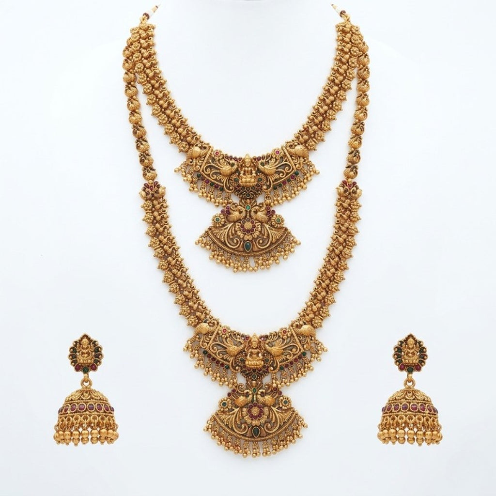 Jewel City Exquisite Handcrafted Antique Gold Temple Jewelry Set - Short Choker, Long Haram & Jhumka Earrings