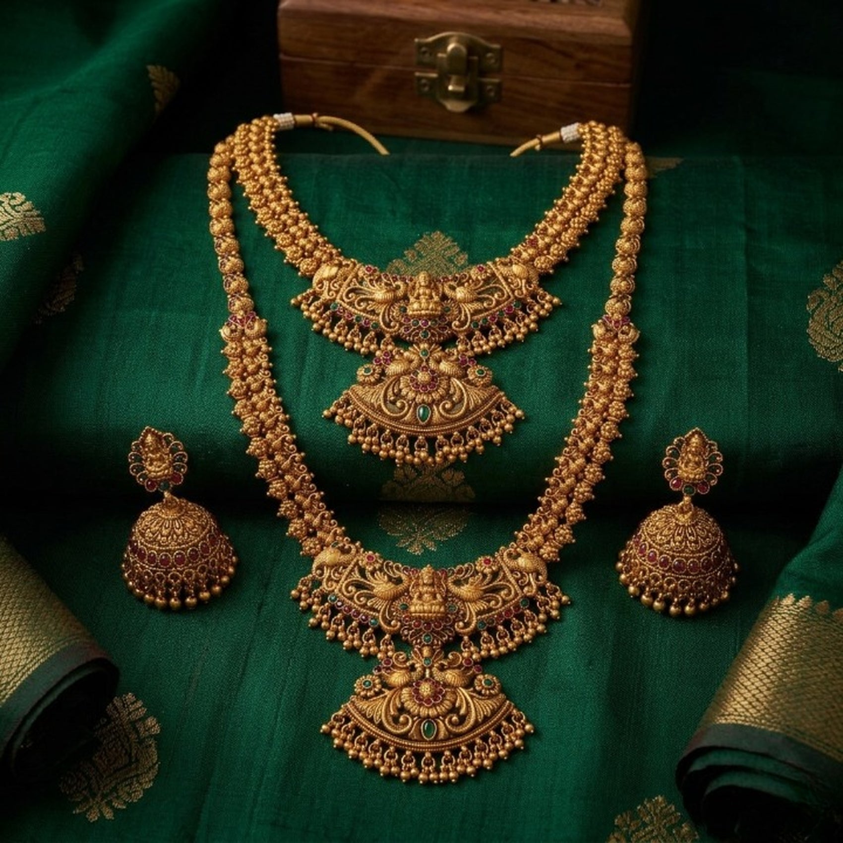 Jewel City Exquisite Handcrafted Antique Gold Temple Jewelry Set - Short Choker, Long Haram & Jhumka Earrings