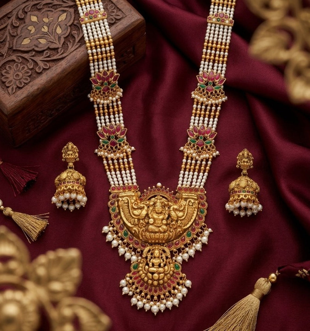 Jewel City Exquisite Temple Jewelry: Handcrafted Gold-Plated Long Pearl Necklace Set with Goddess Pendant & Jhumkas