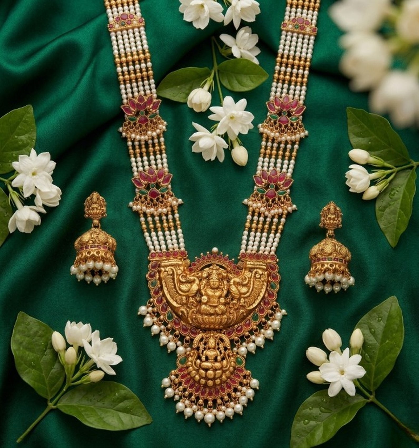Jewel City Exquisite Temple Jewelry: Handcrafted Gold-Plated Long Pearl Necklace Set with Goddess Pendant & Jhumkas