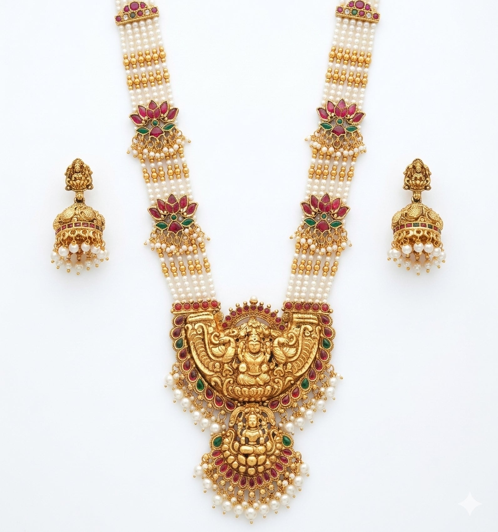 Jewel City Exquisite Temple Jewelry: Handcrafted Gold-Plated Long Pearl Necklace Set with Goddess Pendant & Jhumkas
