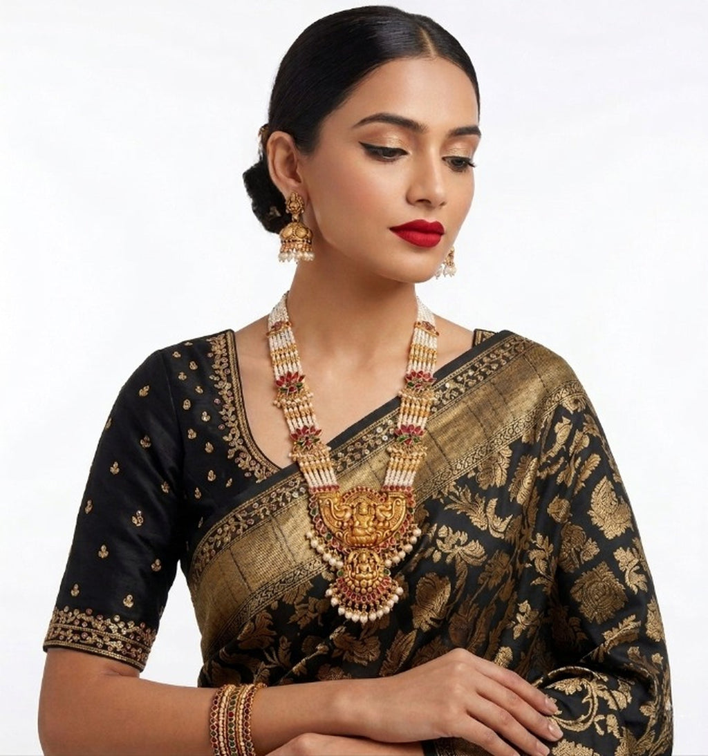 Jewel City Exquisite Temple Jewelry: Handcrafted Gold-Plated Long Pearl Necklace Set with Goddess Pendant & Jhumkas