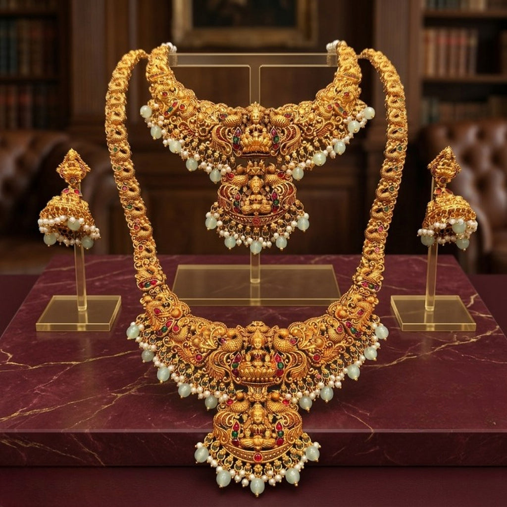 Jewel City Antique Gold-Plated Traditional Indian Temple Haram & Choker Set with Jhumka Earrings - Statement Bridal Jewelry