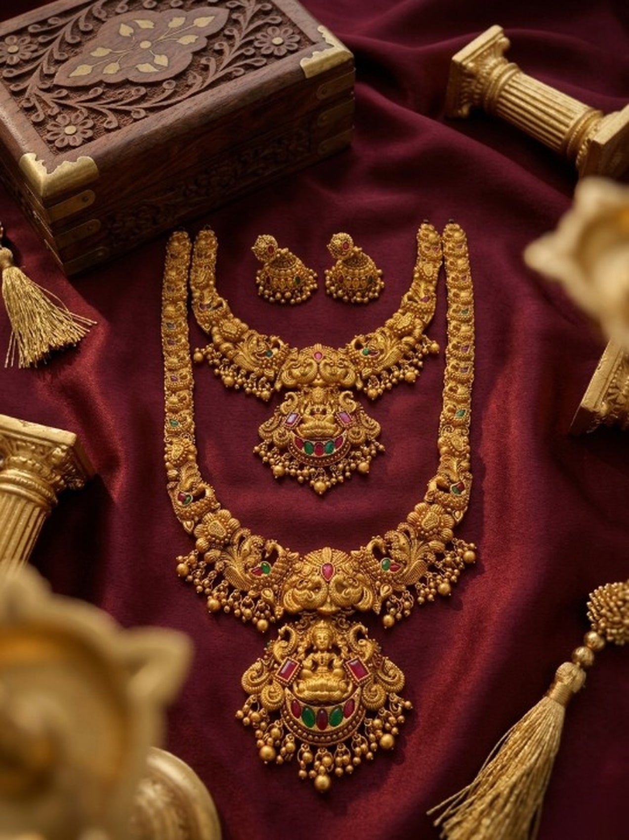 Jewel City Handcrafted Lakshmi Temple Jewellery Set - Traditional Gold-Plated Long & Short Necklace with Jhumkas