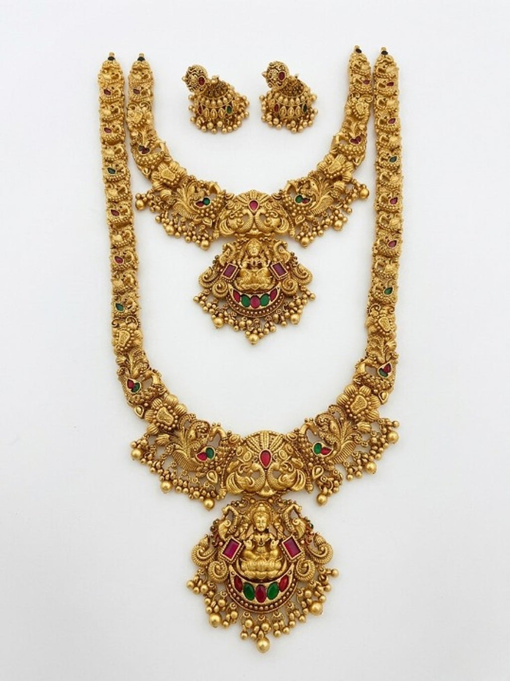 Jewel City Handcrafted Lakshmi Temple Jewellery Set - Traditional Gold-Plated Long & Short Necklace with Jhumkas