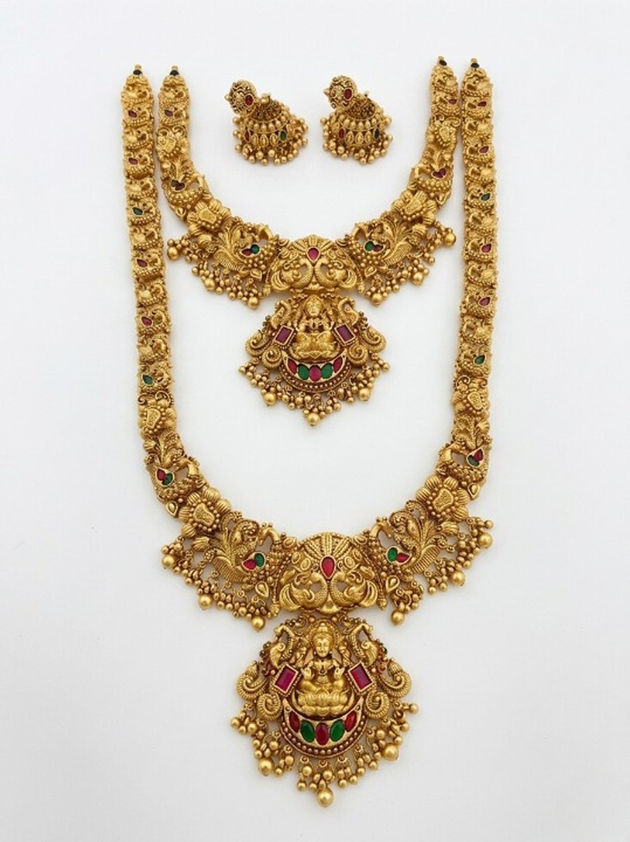 Jewel City Handcrafted Lakshmi Temple Jewellery Set - Traditional Gold-Plated Long & Short Necklace with Jhumkas