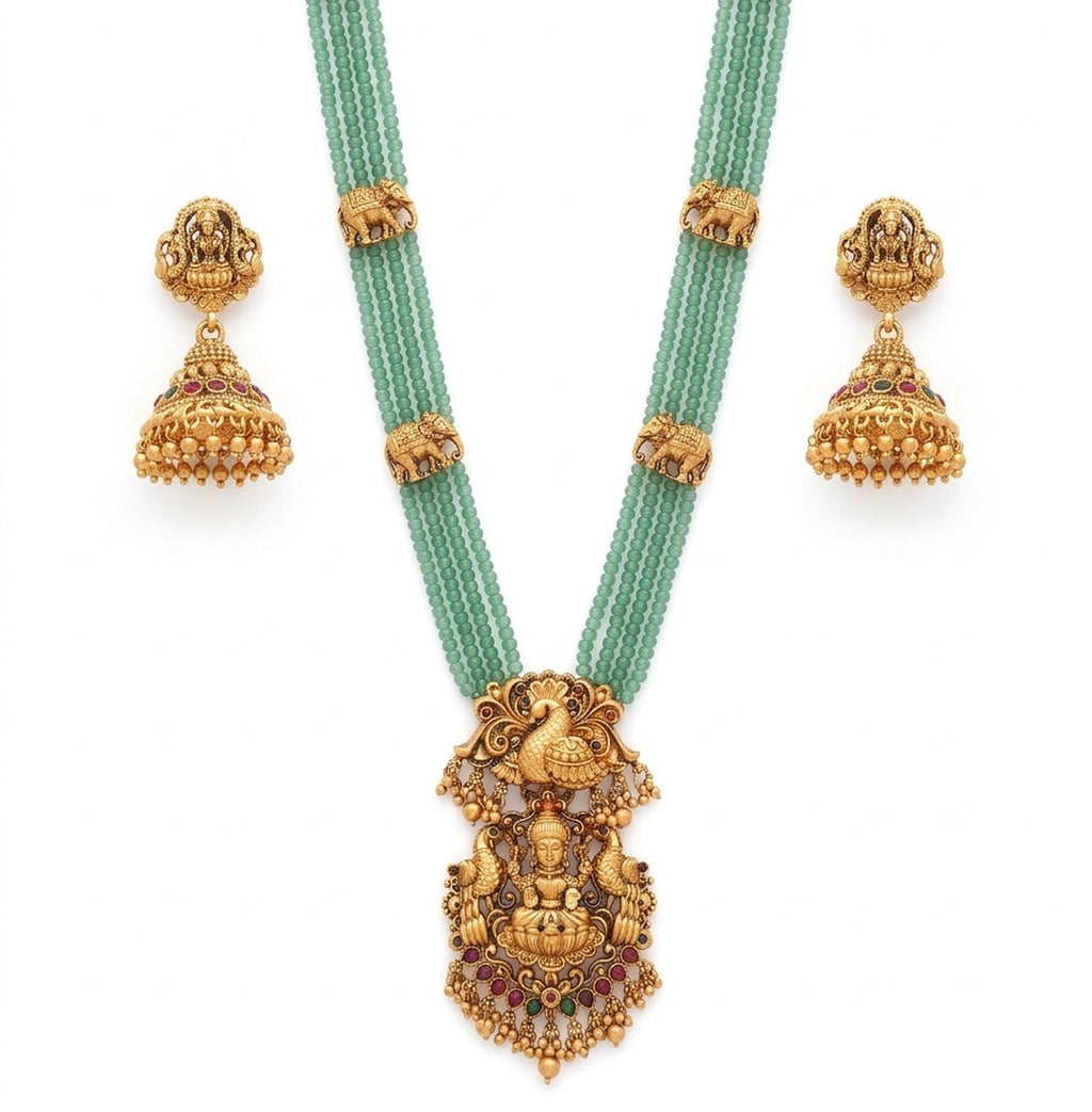 Jewel City Traditional Handcrafted Gold-Plated Long Haram Necklace Set with Pearls & Lakshmi Pendant | Ethnic Bridal Jewelry
