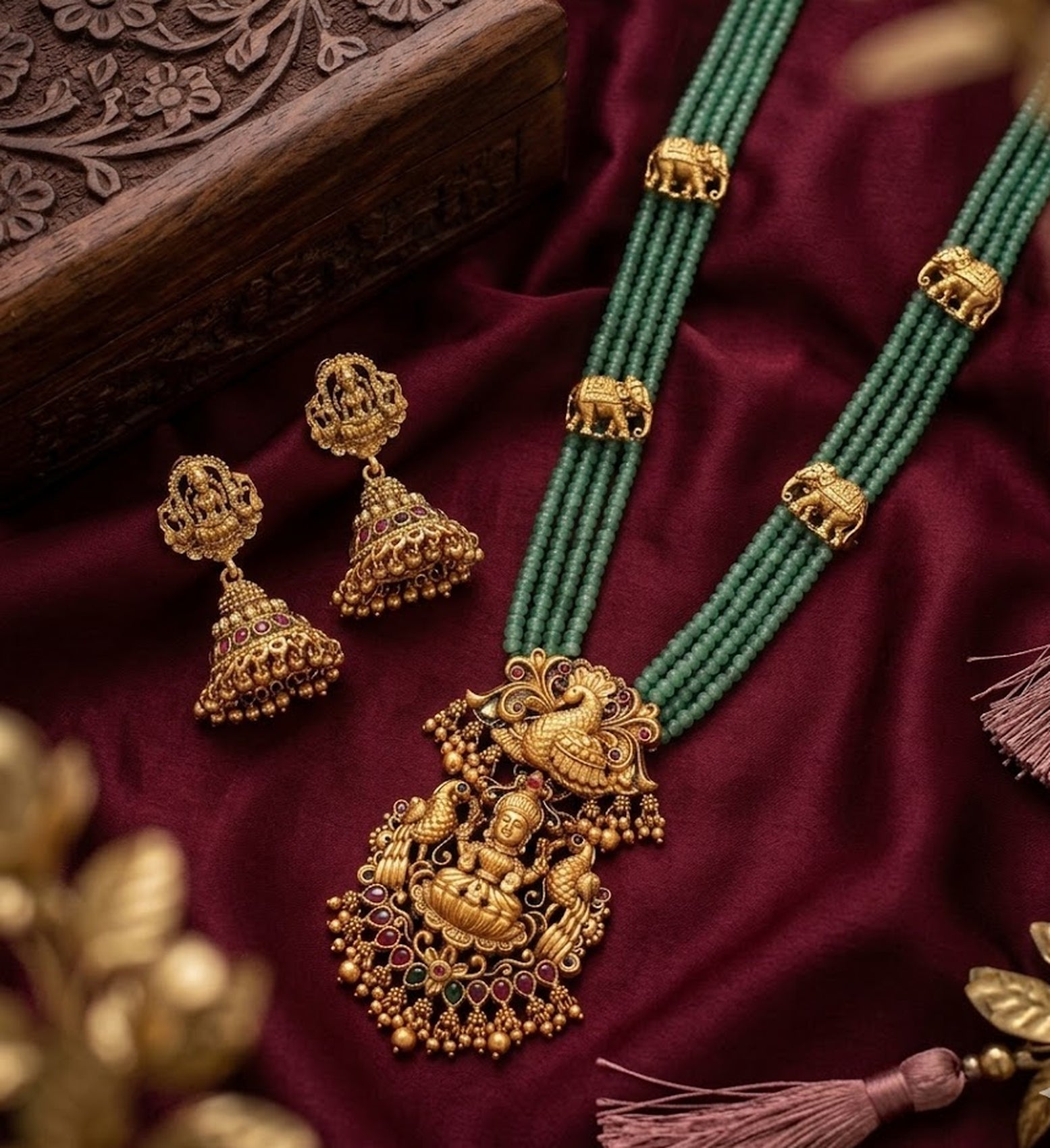 Jewel City Traditional Handcrafted Gold-Plated Long Haram Necklace Set with Pearls & Lakshmi Pendant | Ethnic Bridal Jewelry