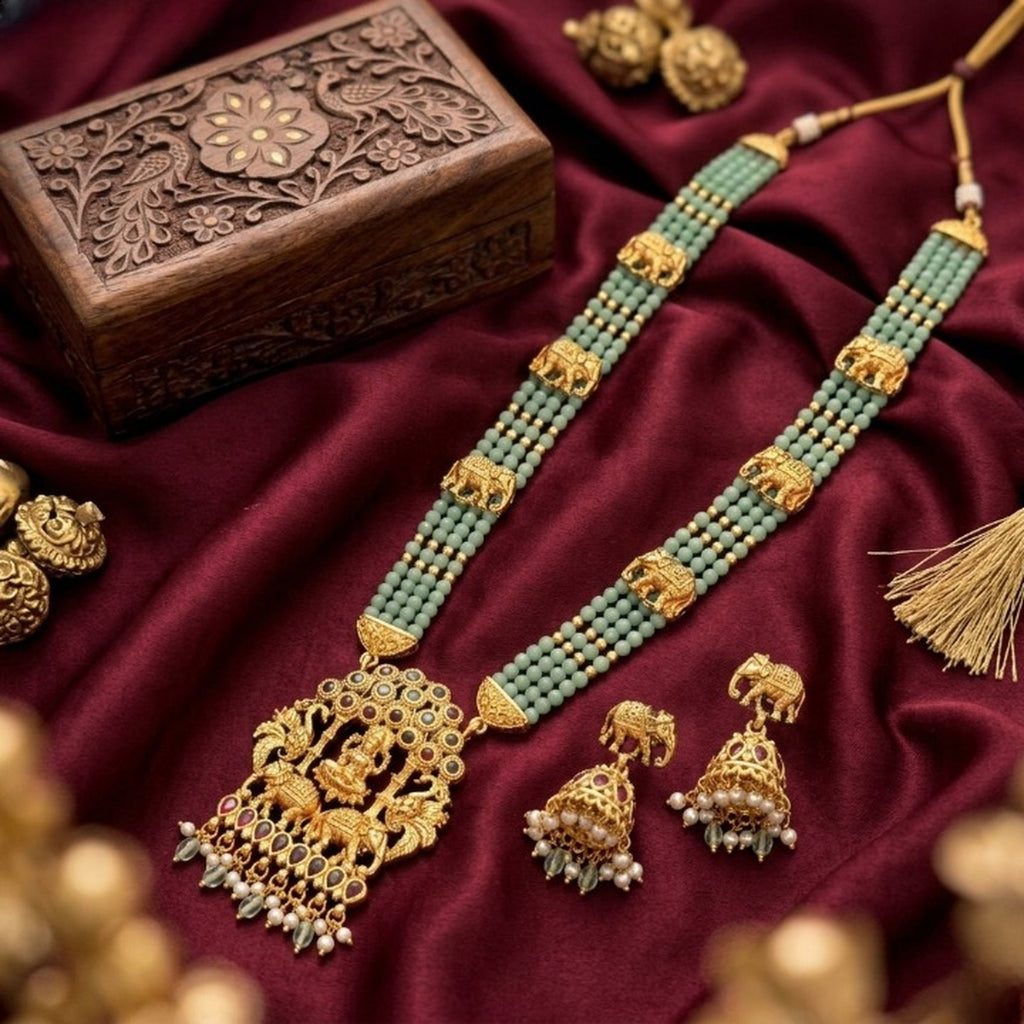 Jewel City Traditional Gold-Plated Temple Jewelry Set - Handcrafted Elephant Motif Green Bead Long Necklace & Jhumka Earrings