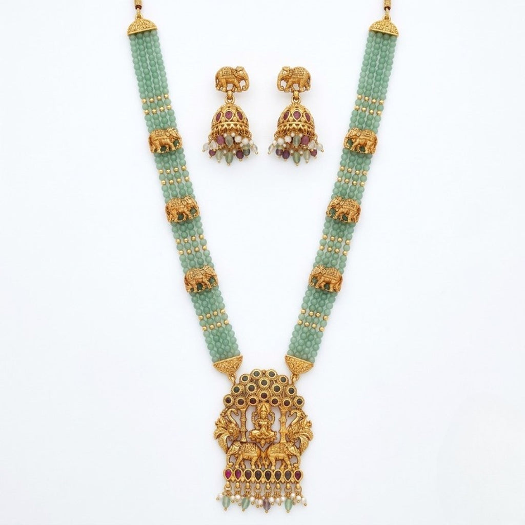 Jewel City Traditional Gold-Plated Temple Jewelry Set - Handcrafted Elephant Motif Green Bead Long Necklace & Jhumka Earrings