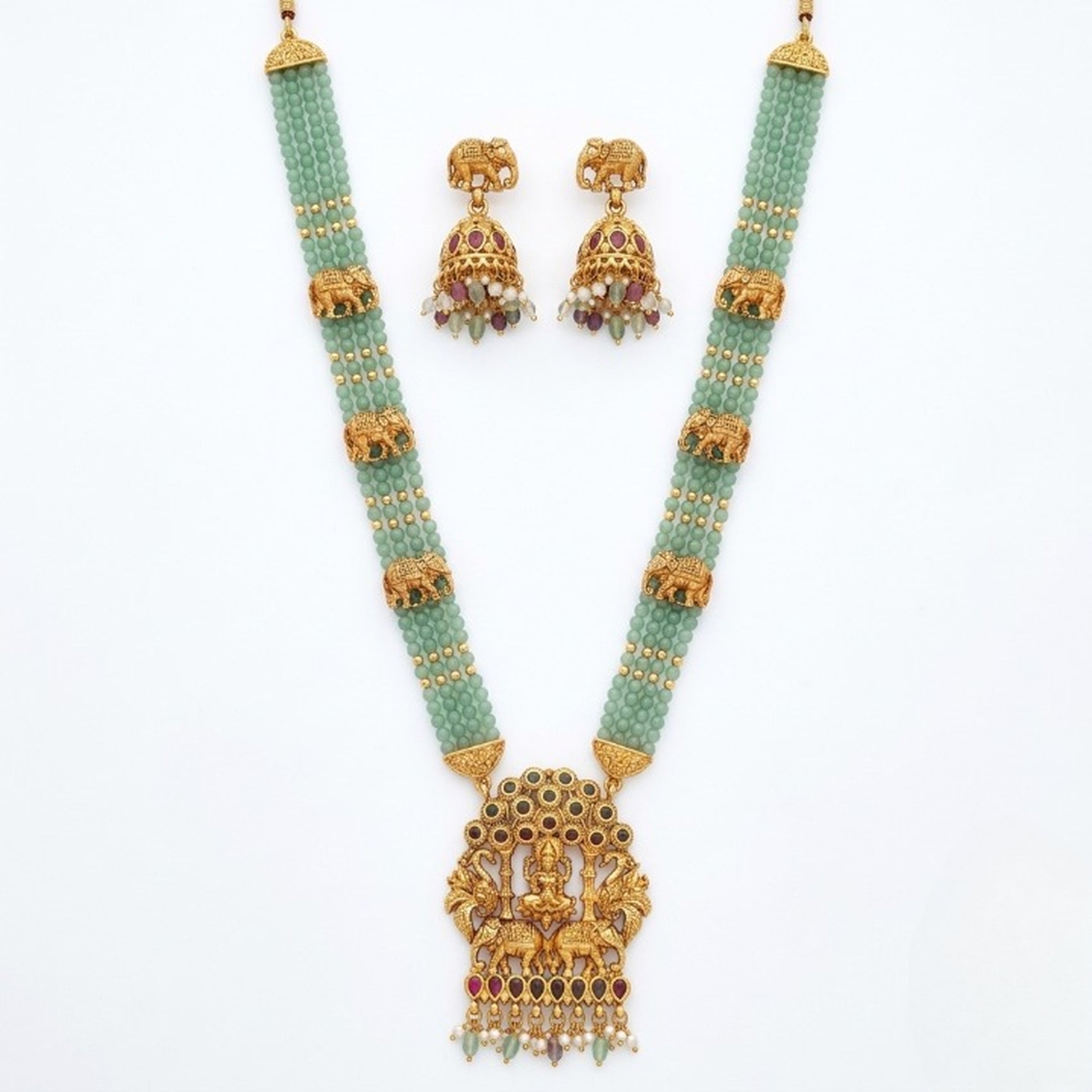 Jewel City Traditional Gold-Plated Temple Jewelry Set - Handcrafted Elephant Motif Green Bead Long Necklace & Jhumka Earrings