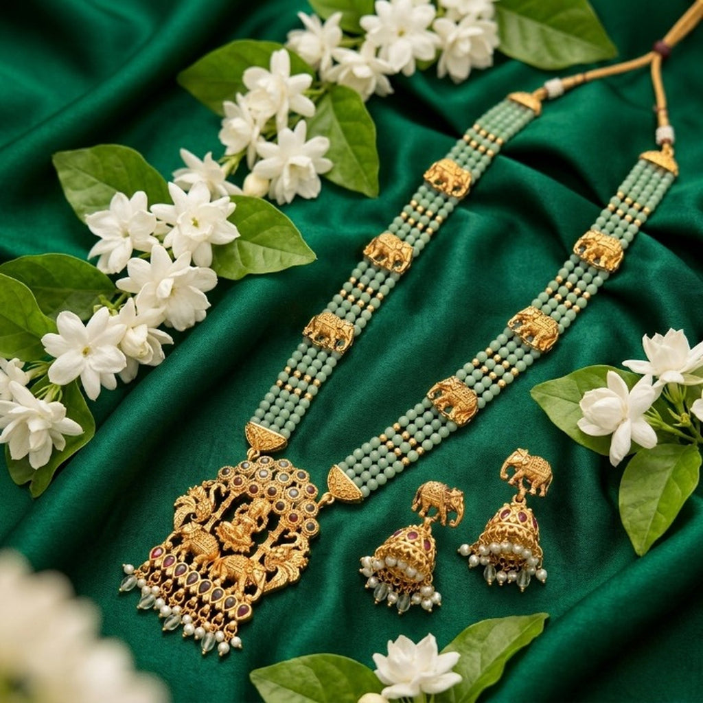 Jewel City Traditional Gold-Plated Temple Jewelry Set - Handcrafted Elephant Motif Green Bead Long Necklace & Jhumka Earrings