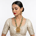 Jewel City Traditional Gold-Plated Temple Jewelry Set - Handcrafted Elephant Motif Green Bead Long Necklace & Jhumka Earrings
