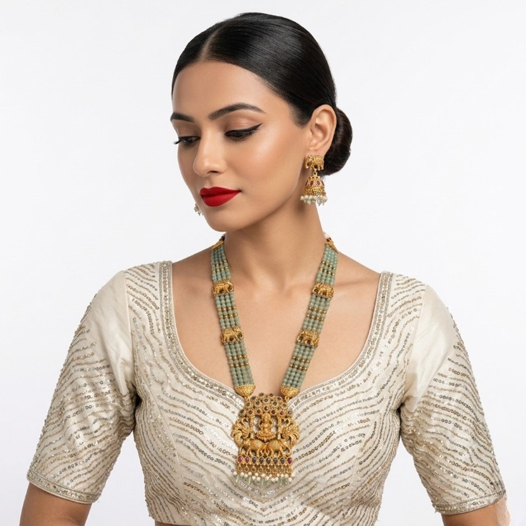 Jewel City Traditional Gold-Plated Temple Jewelry Set - Handcrafted Elephant Motif Green Bead Long Necklace & Jhumka Earrings