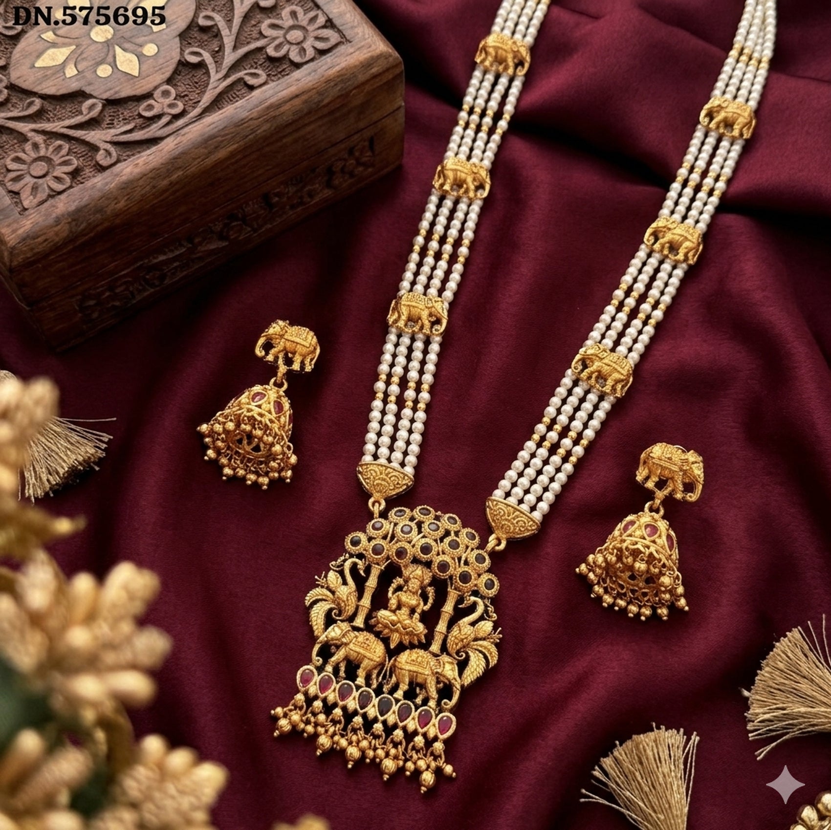 Jewel City Traditional Gold-Plated Temple Jewelry Set - Handcrafted Elephant Motif Green Bead Long Necklace & Jhumka Earrings