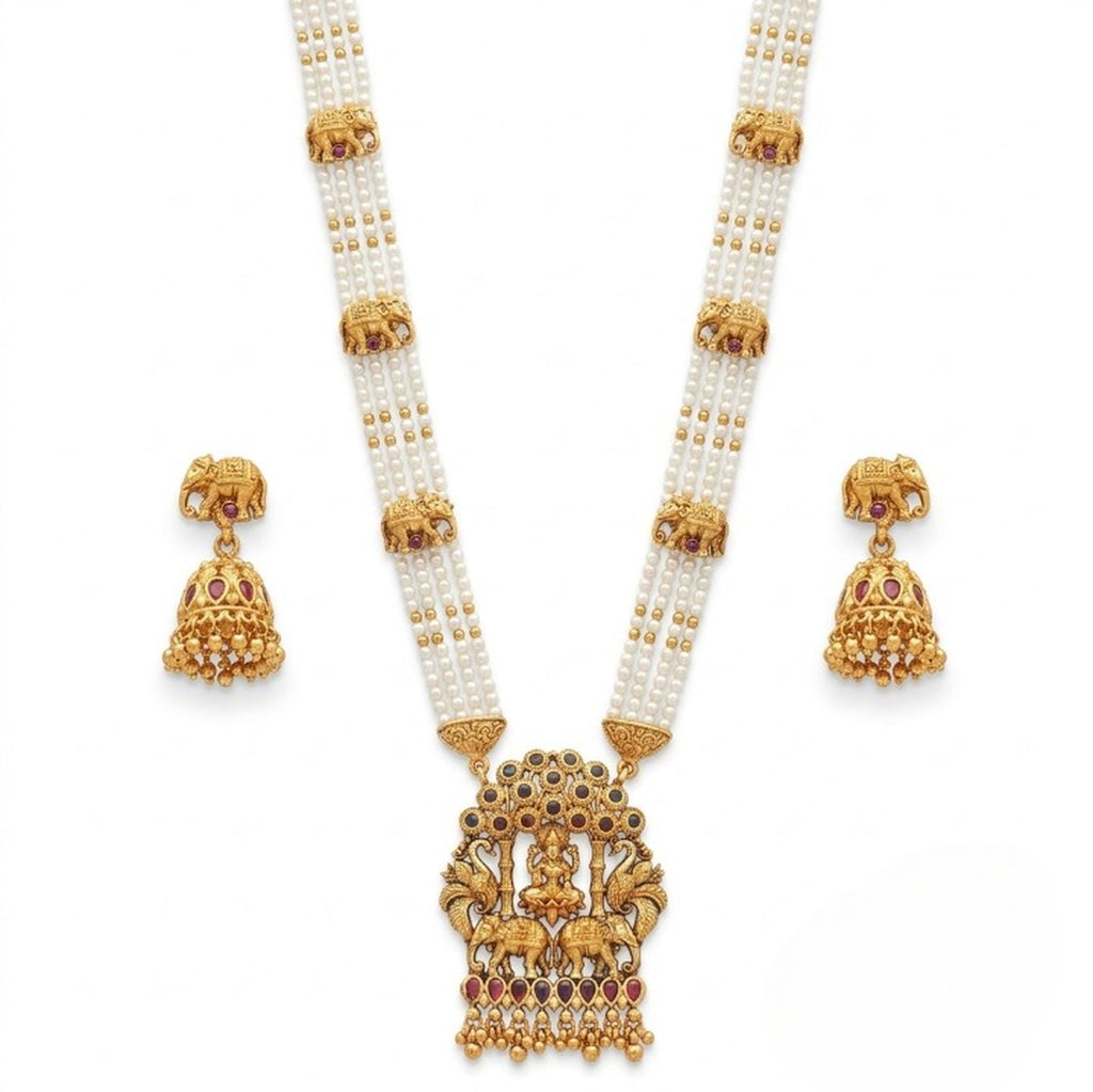 Jewel City Traditional Gold-Plated Temple Jewelry Set - Handcrafted Elephant Motif Green Bead Long Necklace & Jhumka Earrings