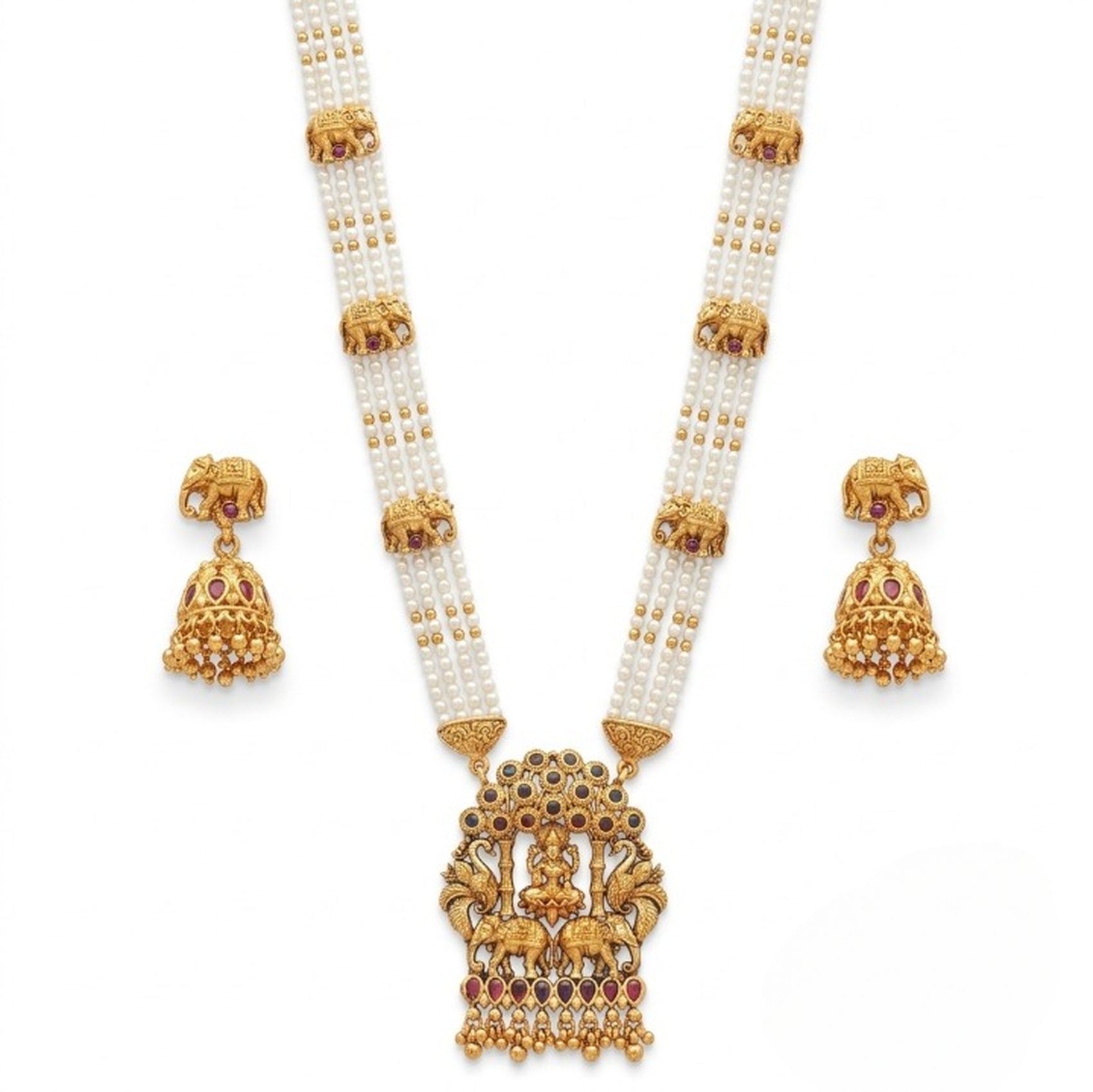 Jewel City Traditional Gold-Plated Temple Jewelry Set - Handcrafted Elephant Motif Green Bead Long Necklace & Jhumka Earrings