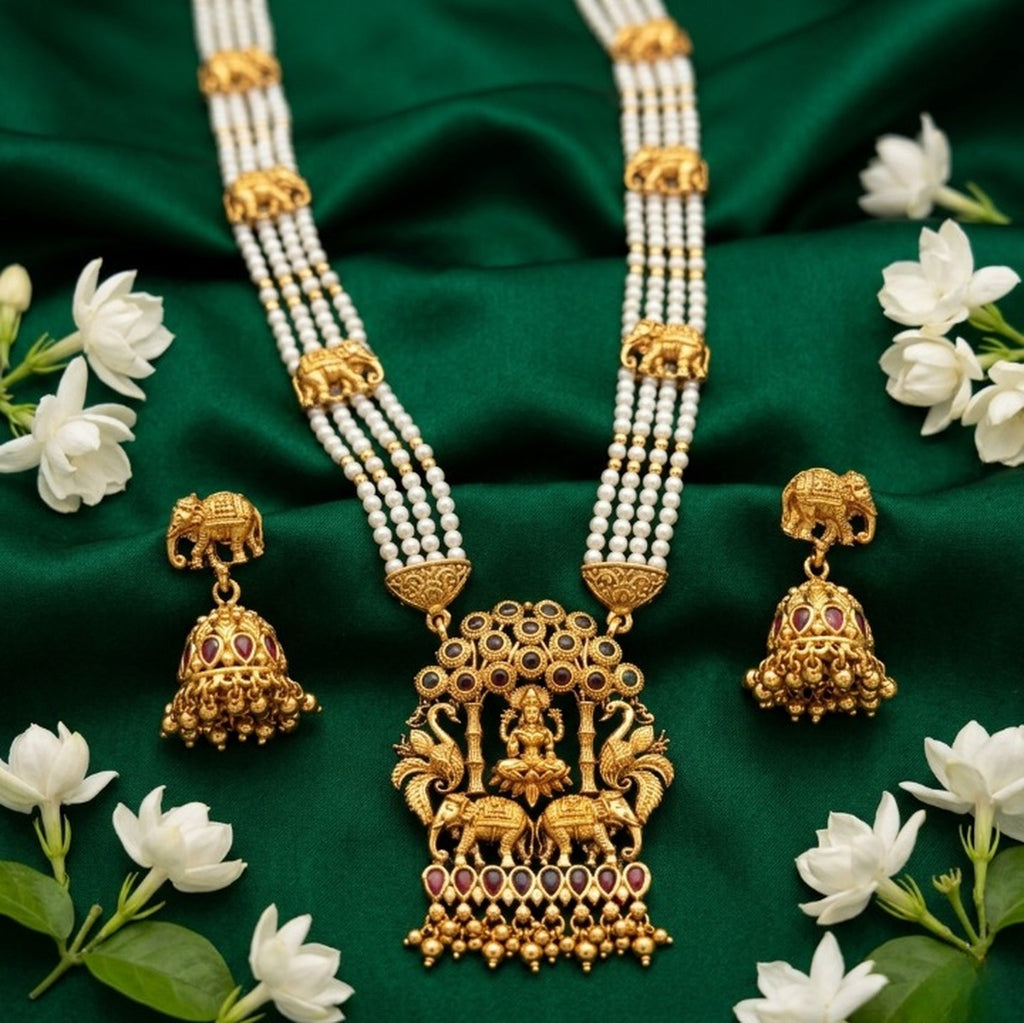 Jewel City Traditional Gold-Plated Temple Jewelry Set - Handcrafted Elephant Motif Green Bead Long Necklace & Jhumka Earrings