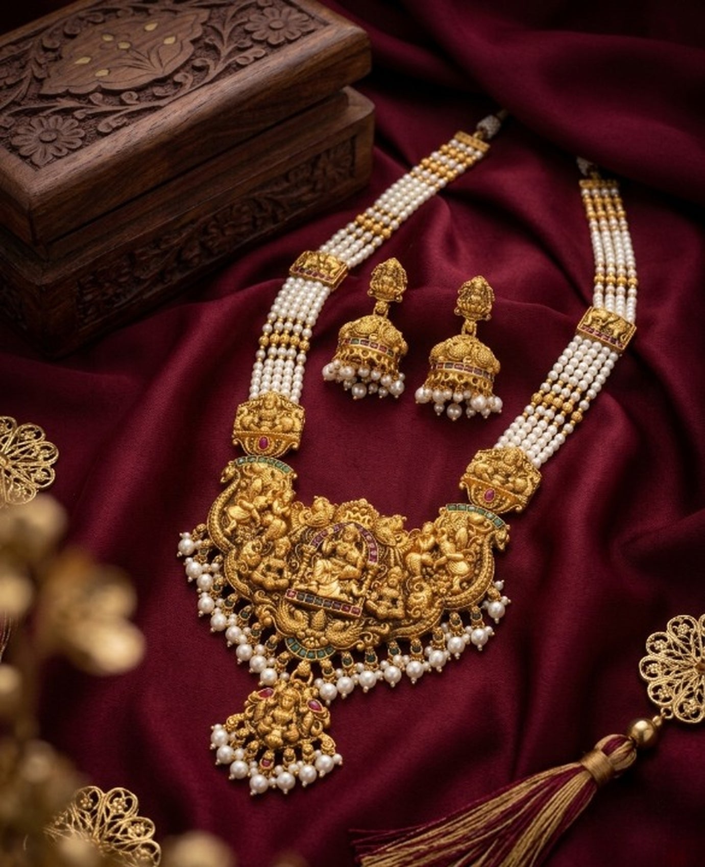 Jewel City Antique Gold-Plated Lakshmi Temple Necklace Set with Green Beads and Jhumkas
