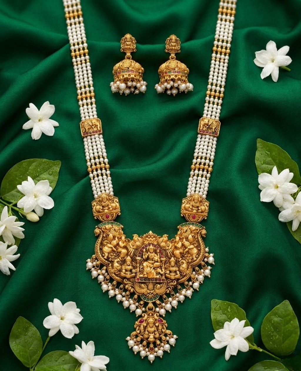 Jewel City Antique Gold-Plated Lakshmi Temple Necklace Set with Green Beads and Jhumkas