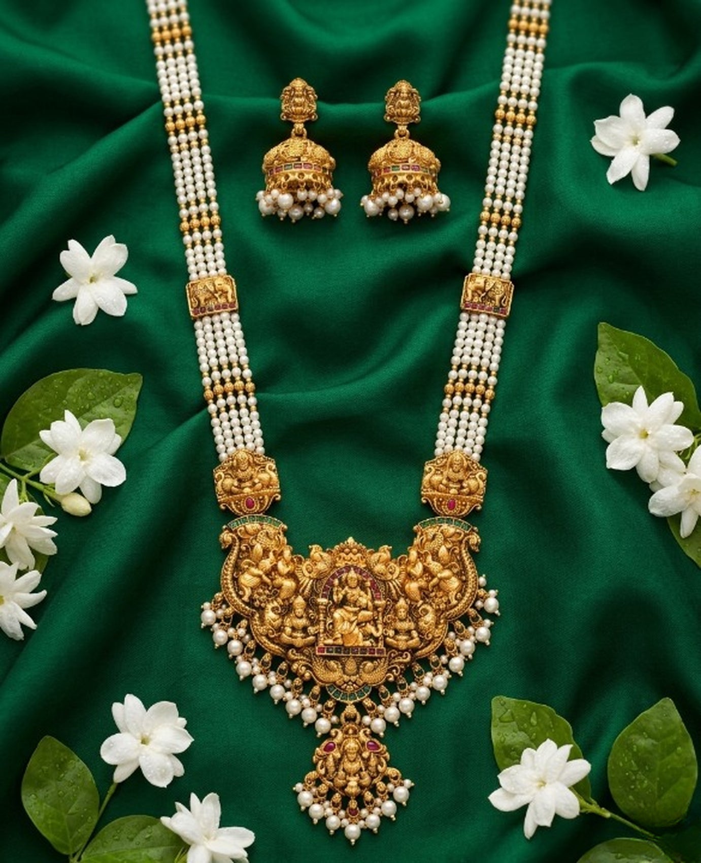 Jewel City Antique Gold-Plated Lakshmi Temple Necklace Set with Green Beads and Jhumkas