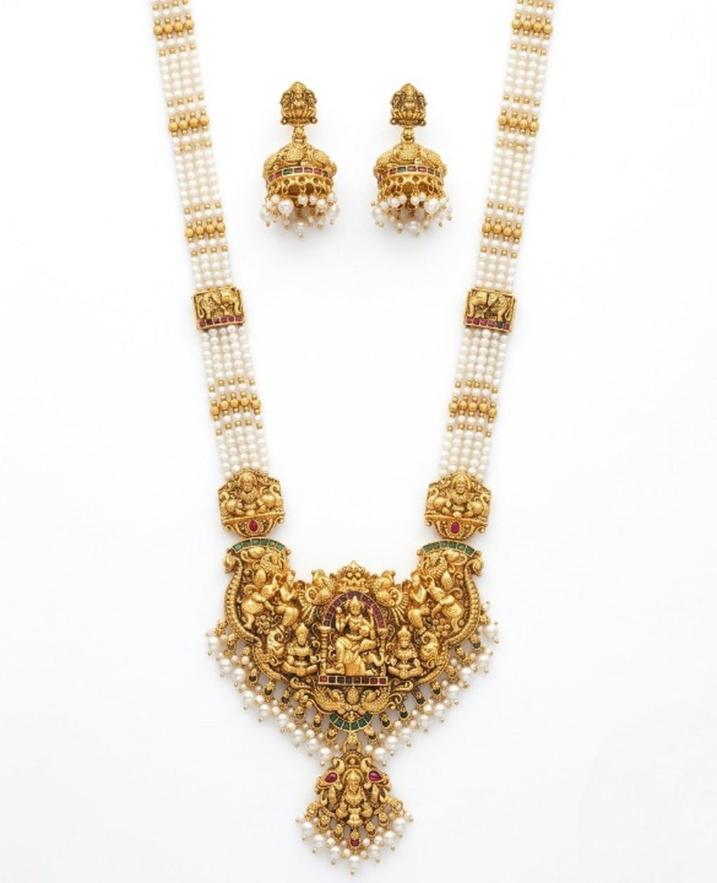 Jewel City Antique Gold-Plated Lakshmi Temple Necklace Set with Green Beads and Jhumkas