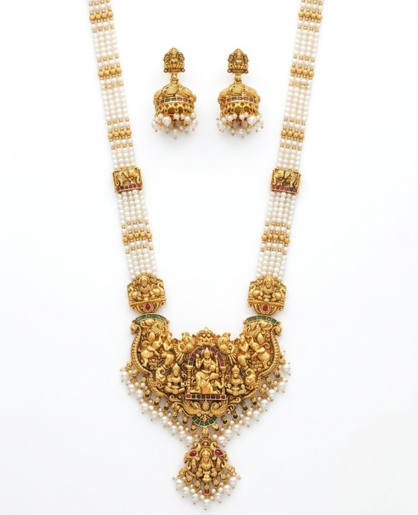 Jewel City Antique Gold-Plated Lakshmi Temple Necklace Set with Green Beads and Jhumkas