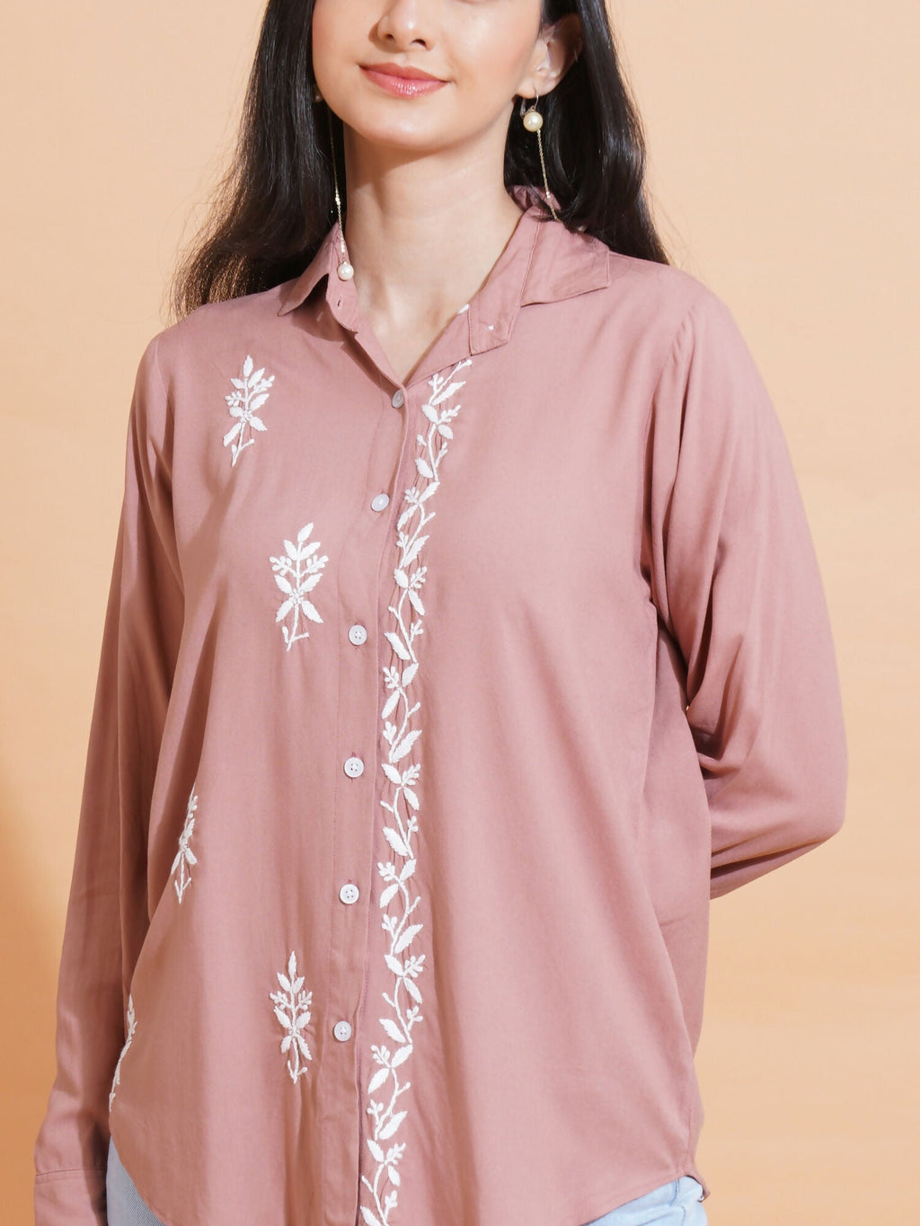 Pahnaz Modal Chikankari Handwork Shirt-Brown