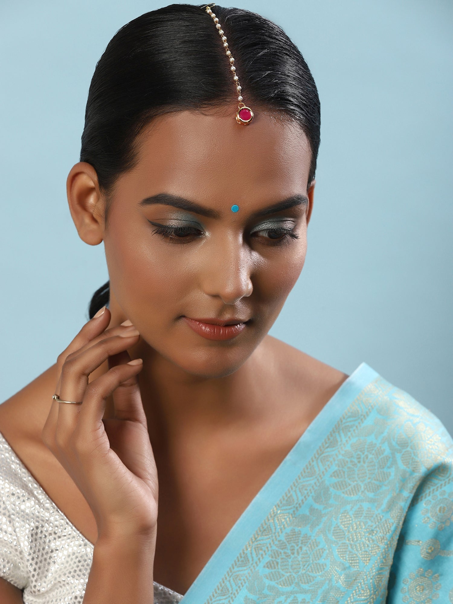 Gold-Polished Maroon Kundan Studded Maang Tikka - Ruby Raang