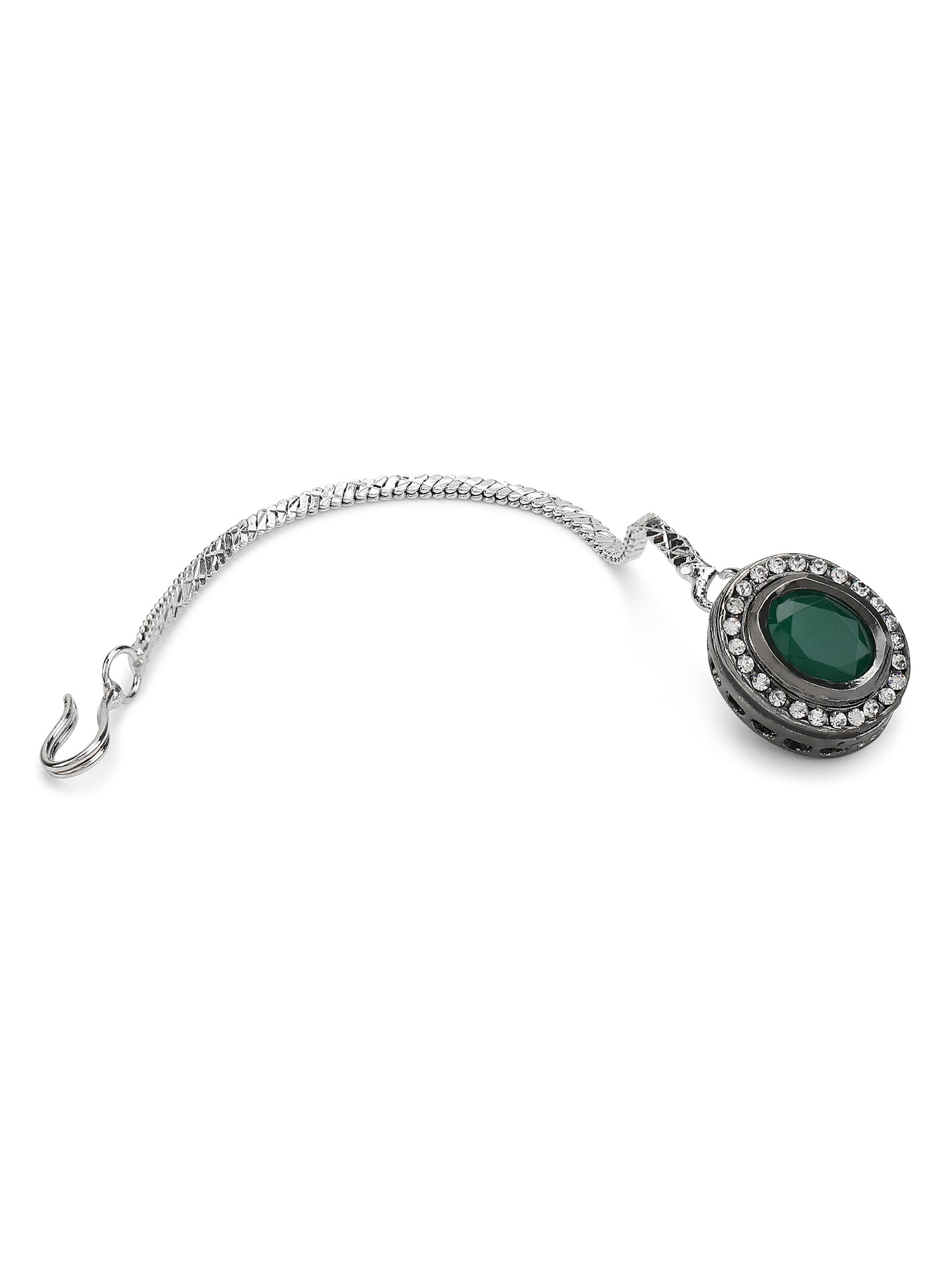 Silver-Plated Green Kundan Stone-Studded Maang Tikka - Ruby Raang