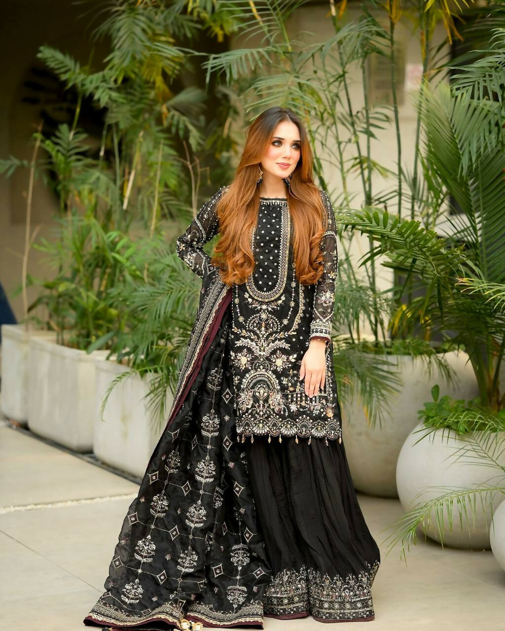 Teeya Creation Black Faux georgette Designer heavy work Wedding Wear Palazzo pair