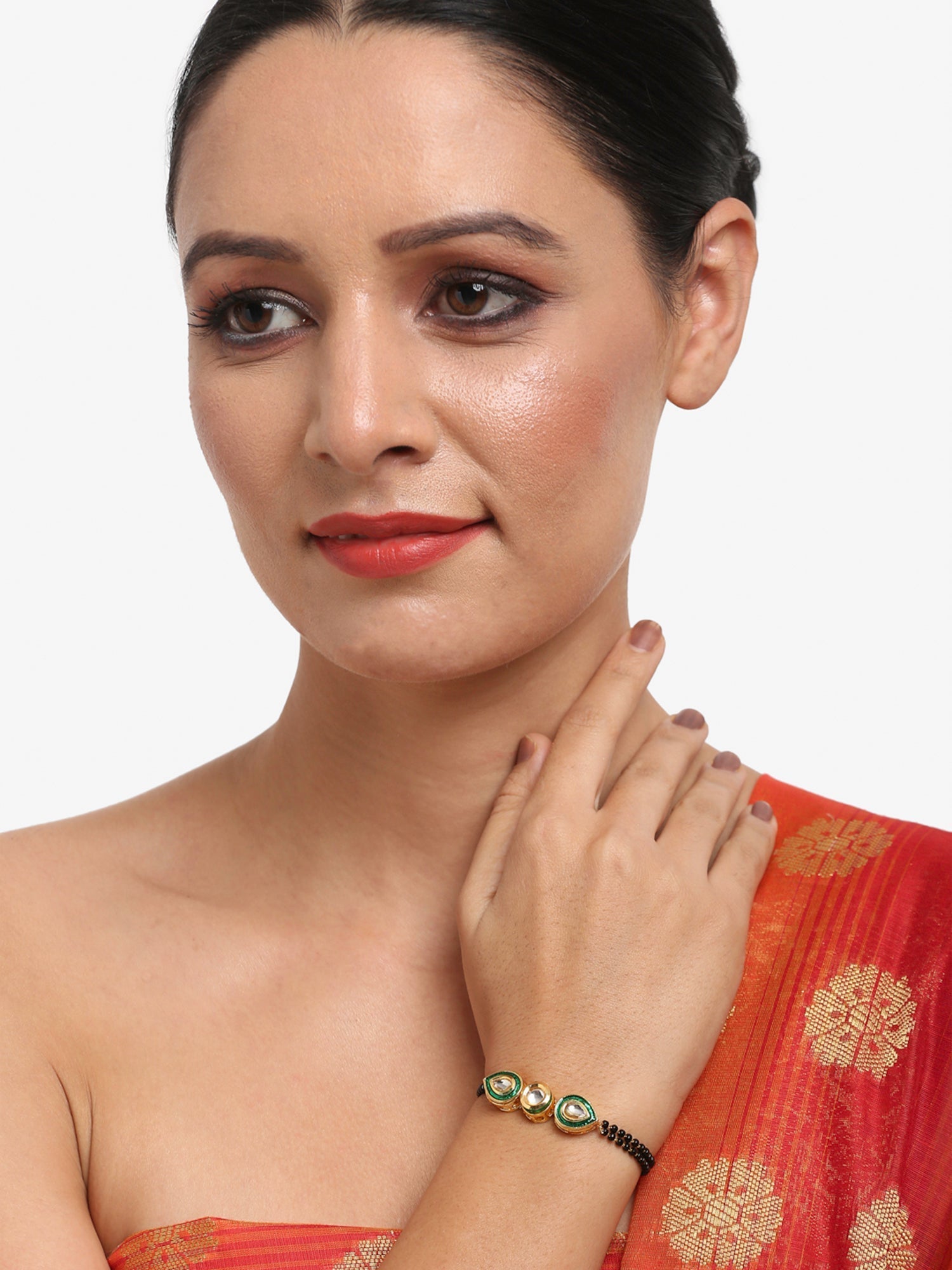 Black Gold-Polished Kundan Bracelet Mangalsutra - Ruby Raang