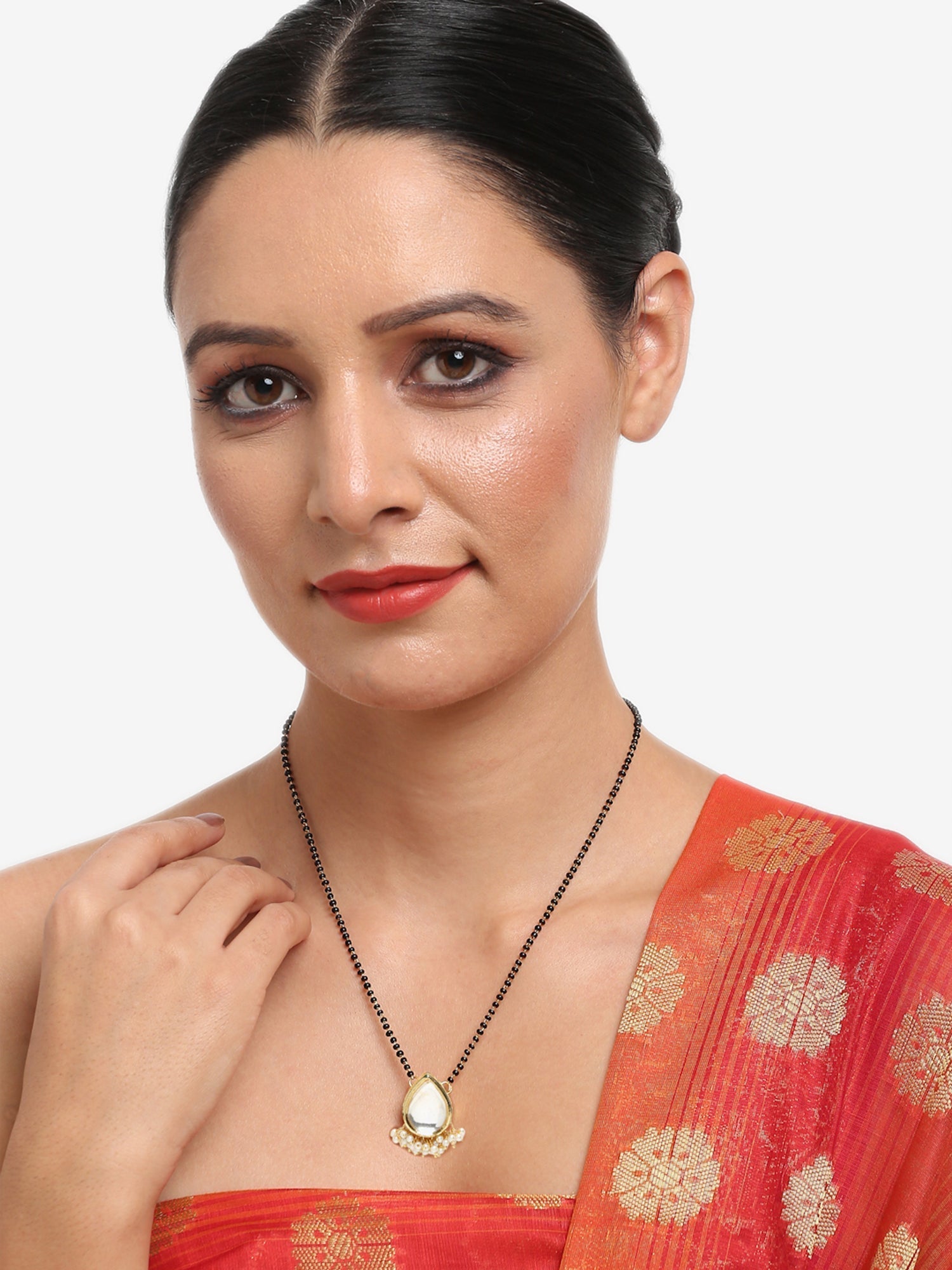 Gold-Polished White Black Kundan-Studded Beaded Mangalsutra - Ruby Raang