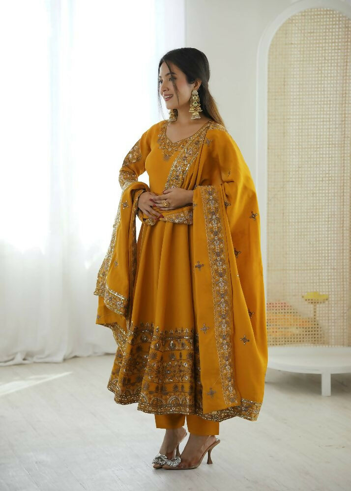 Teeya Creation Yellow Roman Silk Embroidery Work Party Wear long Gown