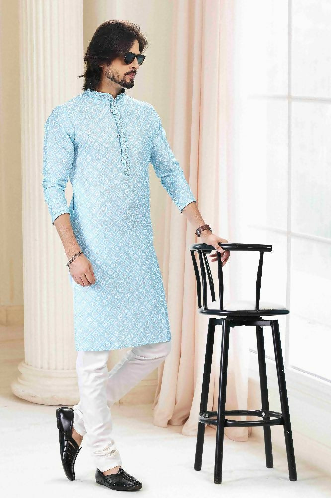 Raivat Ethnic Cotton Thread Work Kurta Pajama In Sky Blue Colour