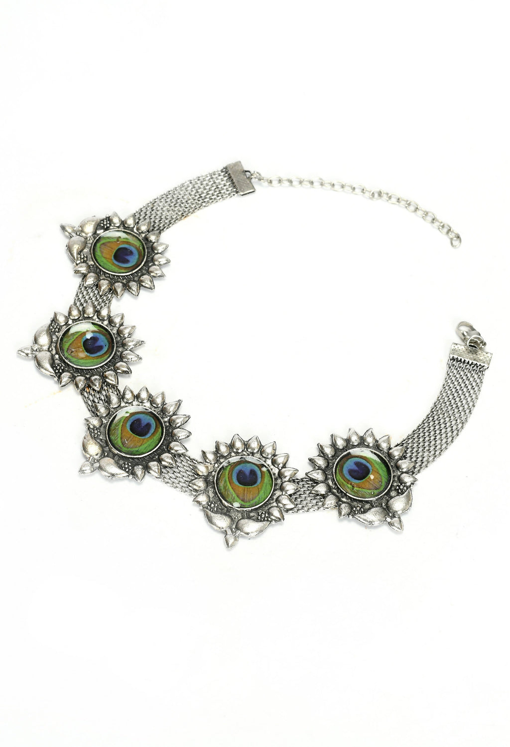 Mominos Fashion Johar Kamal Oxidised Silver-Plated Peacock Wings Work Necklace Handicraft