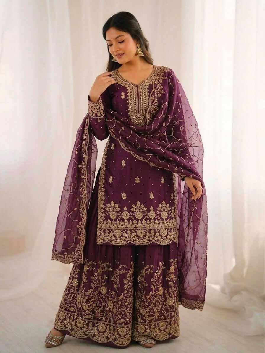Teeya Creation Wine Color Gymmi Silk Embroidery Work Wedding Wear Sharara Set