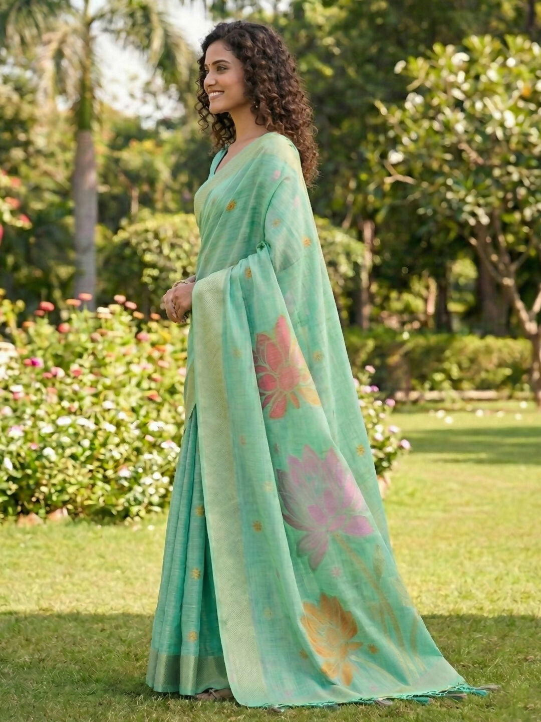 Shree Shyam Fashion Sea Green Linen Cotton Saree