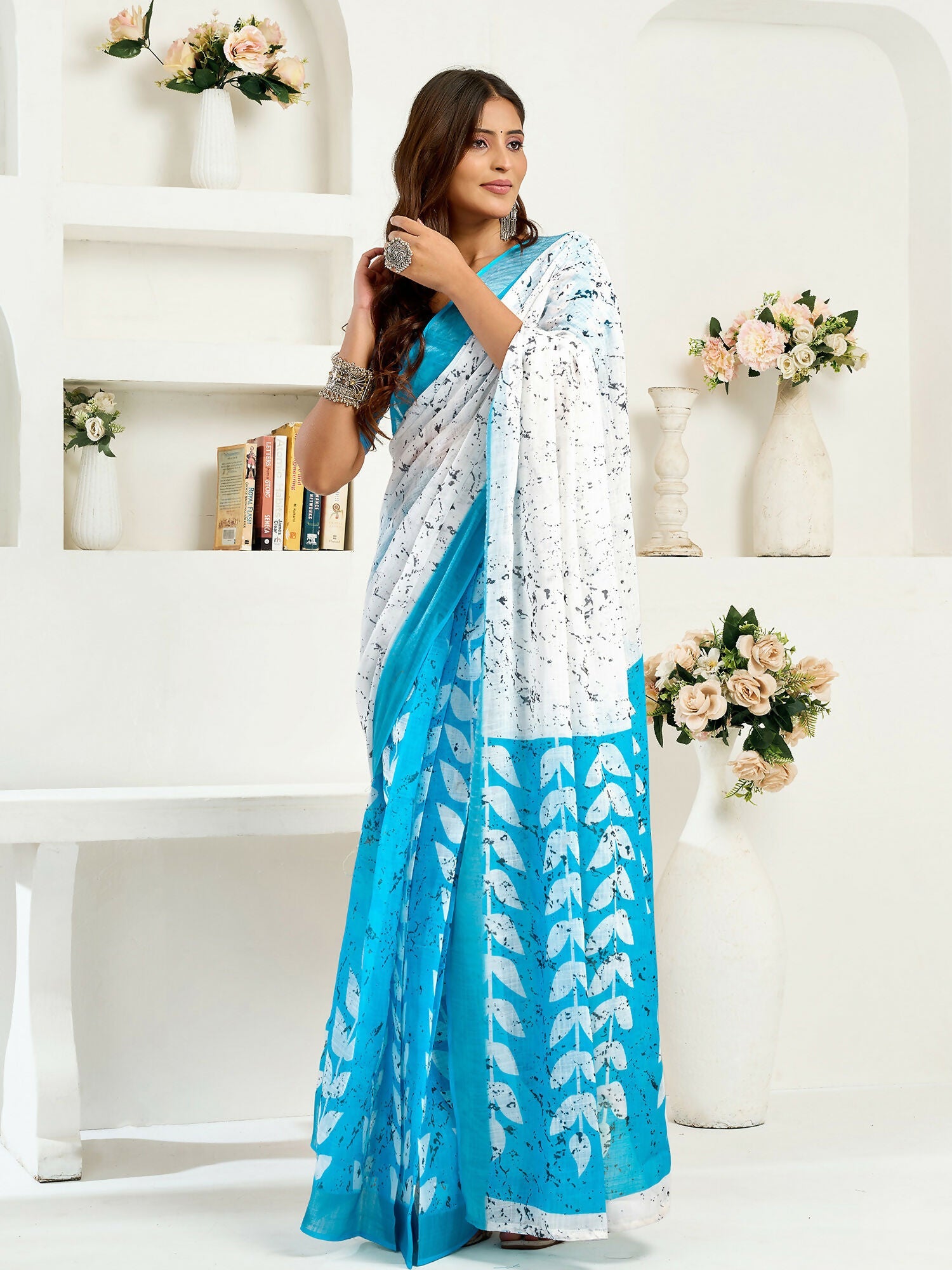 Joban Fashion White Leaf Linen Ready To Wear Saree With Unstitched Blouse