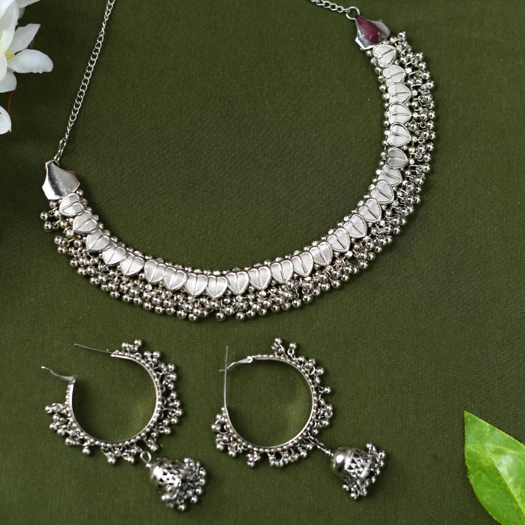 Mominos Fashion Johar Kamal Oxidised Silver-Plated Heart Design Necklace Choker Set For Women