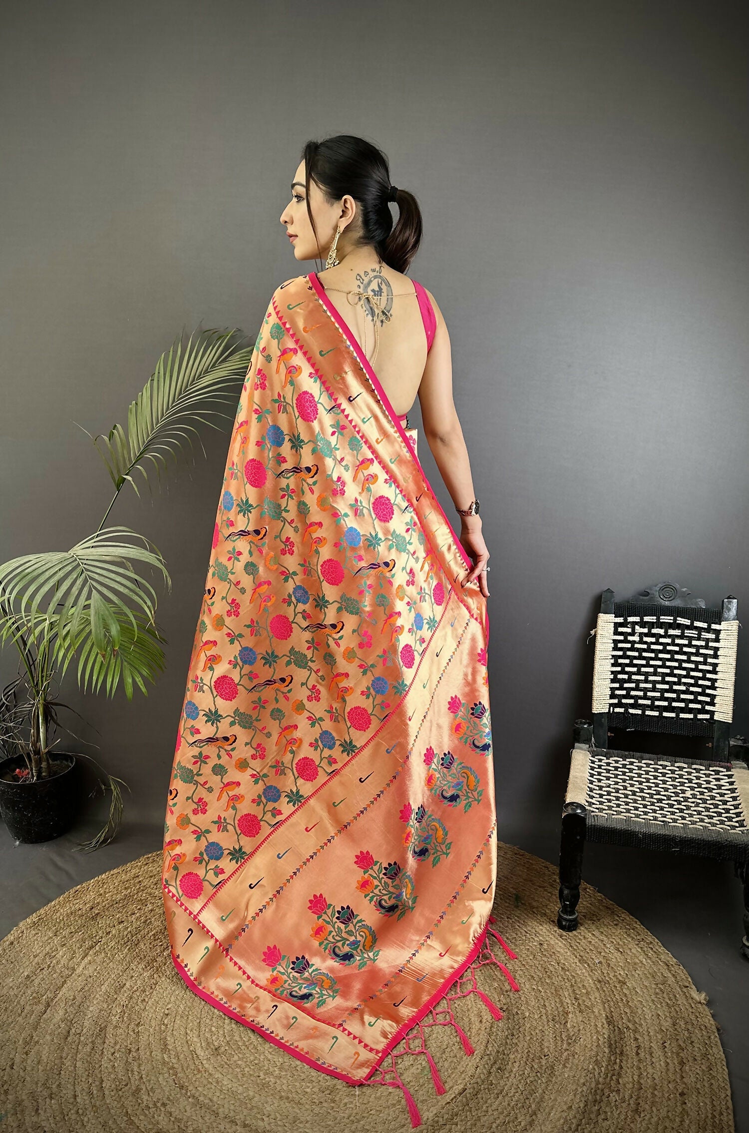 Joban Fashion Pastel Red Mughal-Inspired Motifs Soft Silk Paithani Saree