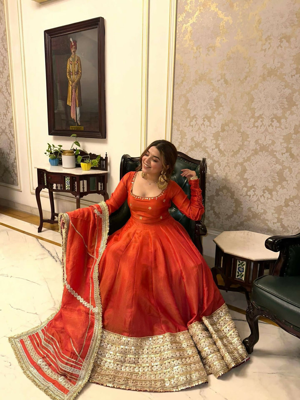 Teeya Creation Womens New Fancy Silk Heavy Quality Fabric With Handwork Orange Gown Set