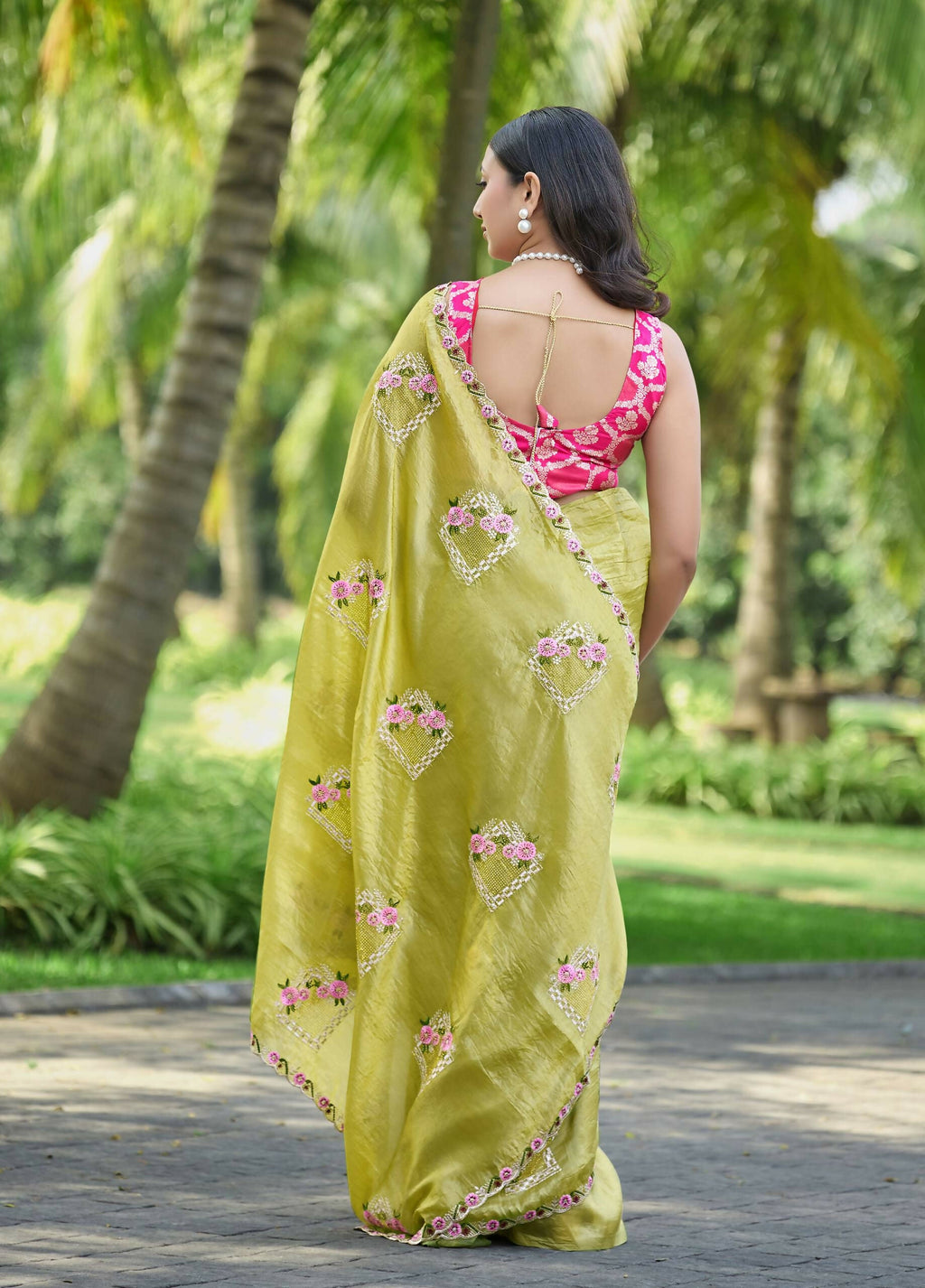 Teeya Creation Olive Color Pure Paper Silk Heavy Embroidery Work Wedding Wear Saree