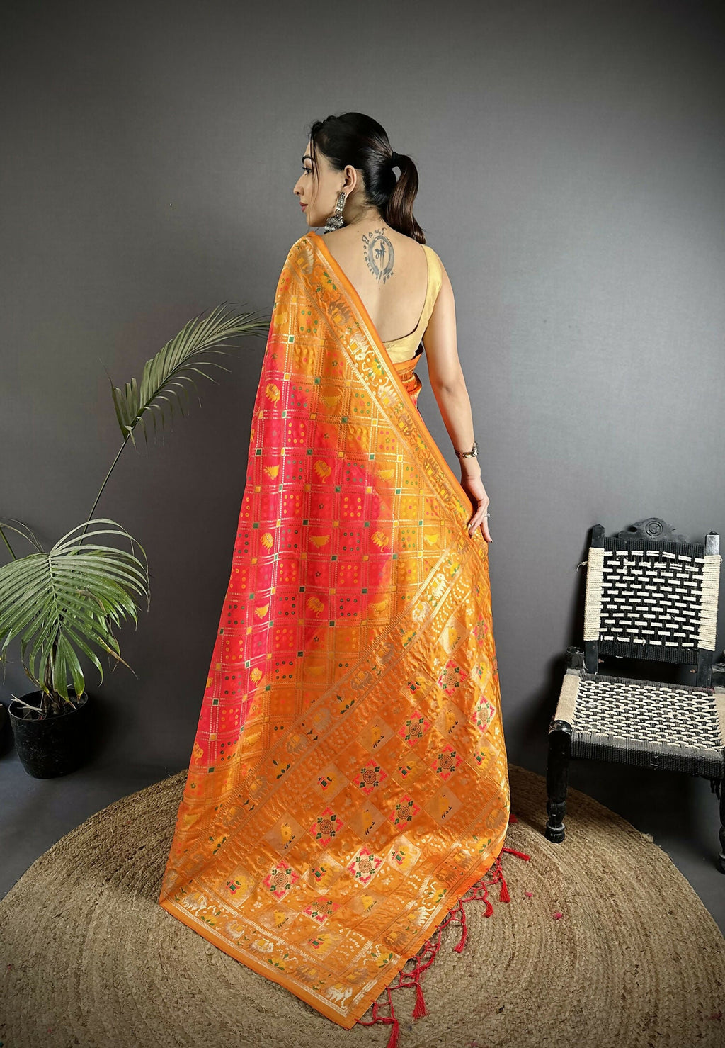 Joban Fashion Pastel Orange Geometric Pattern Soft Silk Patola Saree
