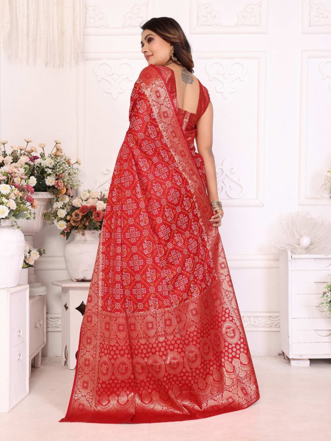 Anaita Red Soft Satin Silk Bandhej Print Saree With Kanchi Zari Weaving Border