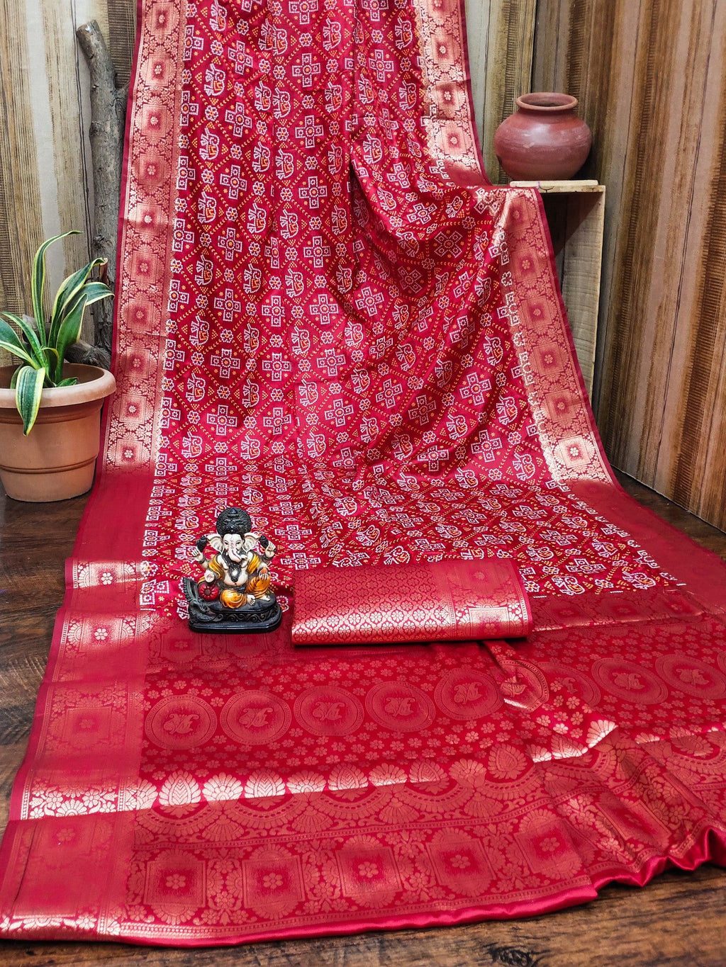 Anaita Red Soft Satin Silk Bandhej Print Saree With Kanchi Zari Weaving Border