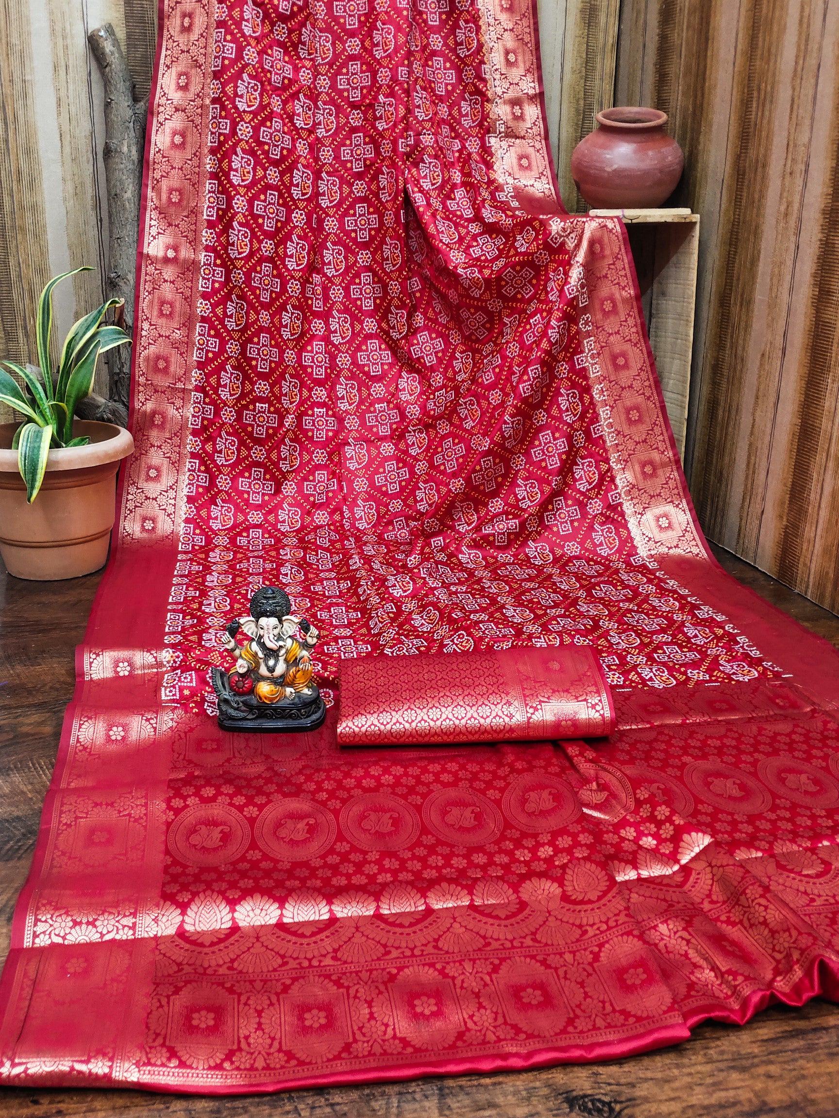 Anaita Red Soft Satin Silk Bandhej Print Saree With Kanchi Zari Weaving Border