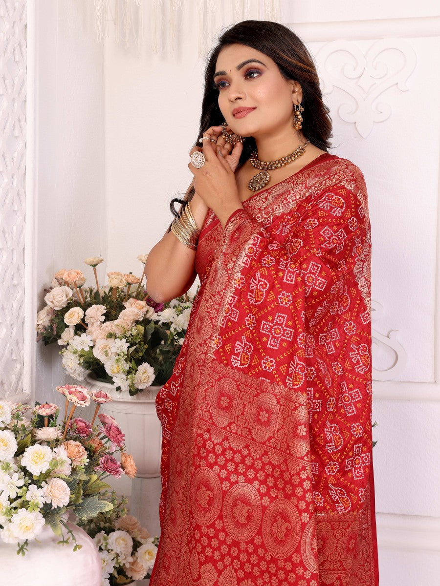 Anaita Red Soft Satin Silk Bandhej Print Saree With Kanchi Zari Weaving Border